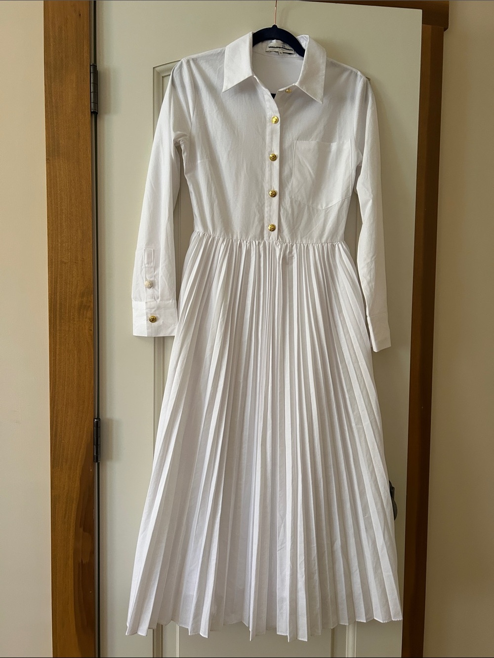 English Factory White Pleated Long-Sleeve Shirt Dress with Gold Buttons